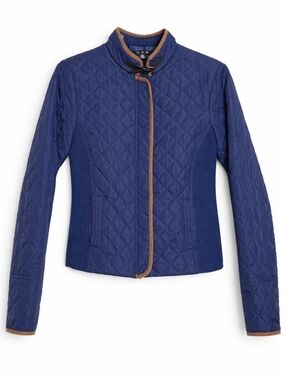 ​U2B Royal Blue Quilted Equestrian Barn Jacket Cognac Faux Leather Trim Preppy